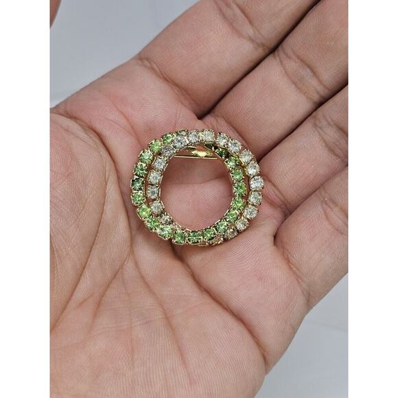 Vintage Unsigned Gold Tone - Rhinestone - Uranium Glass Double Halo Brooch - Picture 3 of 8